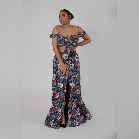 African Print Ankara Cotton Floral Print Tie Front Top and Maxi Skirt Set - Picture 8 of 13